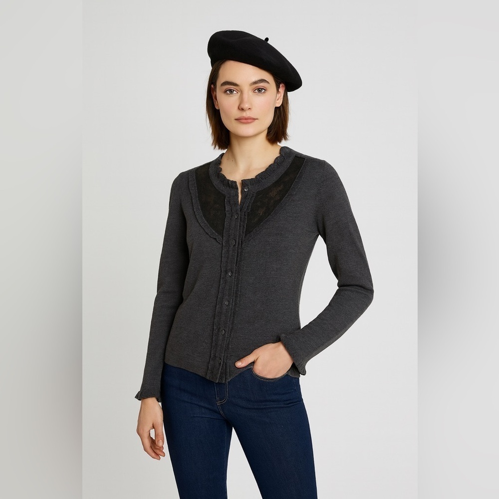 MarcCain Gray Women’s Virgin Wool Blend Lace Detail Cardigan Size 6